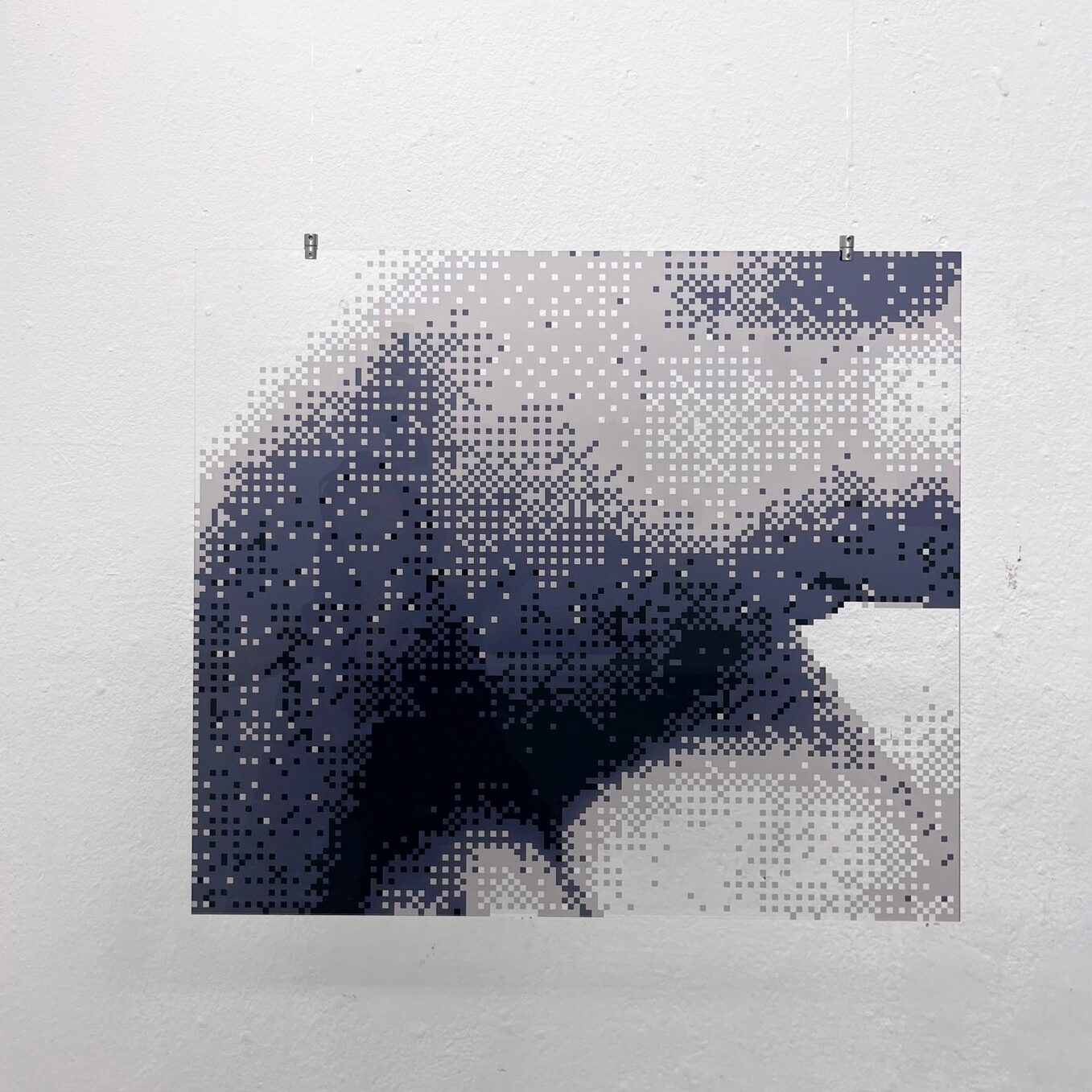 Pixelated monochrome photograph of a nude torso